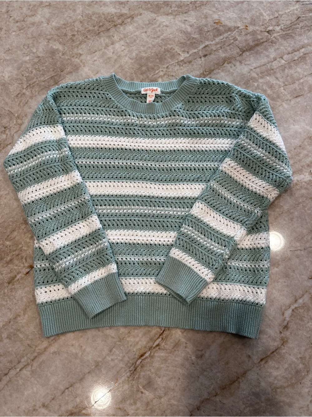 Cat and Jack - Crochet Stripe Crewneck Sweater - Sage Green & White